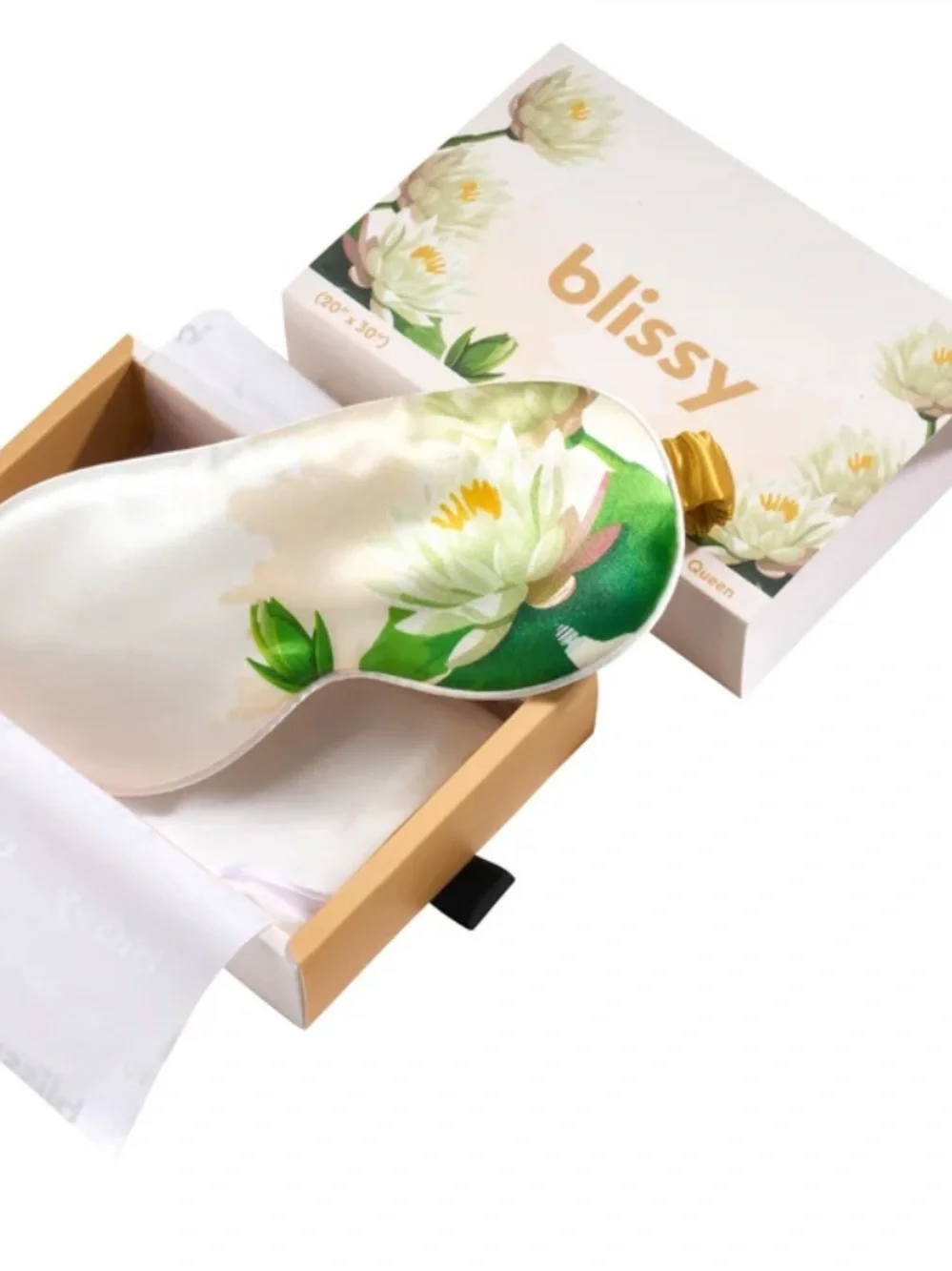 New in box- Blissy White & Green Floral Silk Sleep Mask with Gold Strap - Pisces